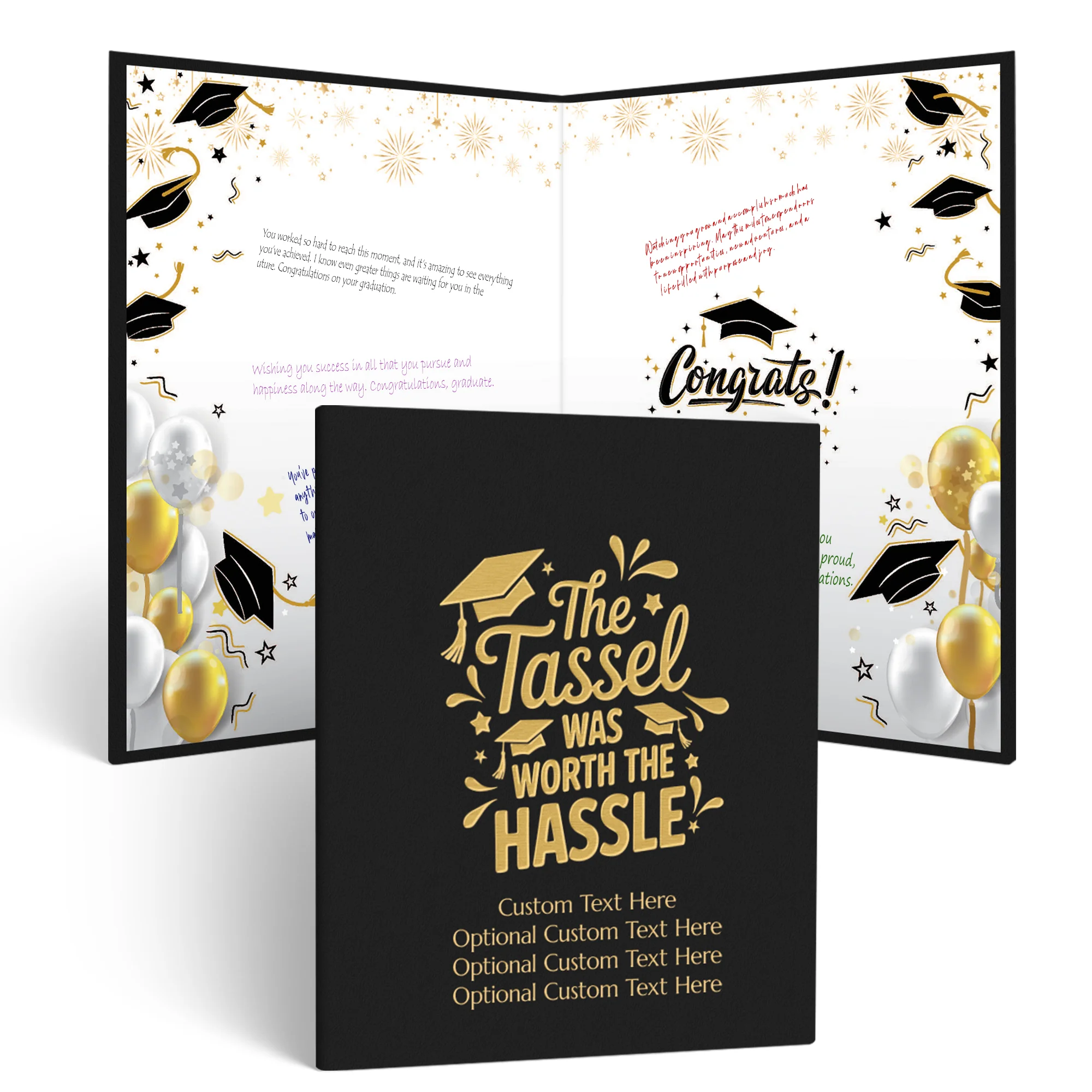 Black and gold graduation guestbook with a folded cover reading “The Tassel Was Worth The Hassle” and customizable lines “Custom Text Here Optional Custom Text Here Optional Custom Text Here Optional Custom Text Here.” Inside, the grad party guestbook sho